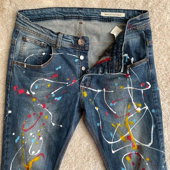 Streetwear Hip Hop Paint Splatter Jeans Women 32 Blue 25Degrees Button Fly Denim - Picture 2 of 11